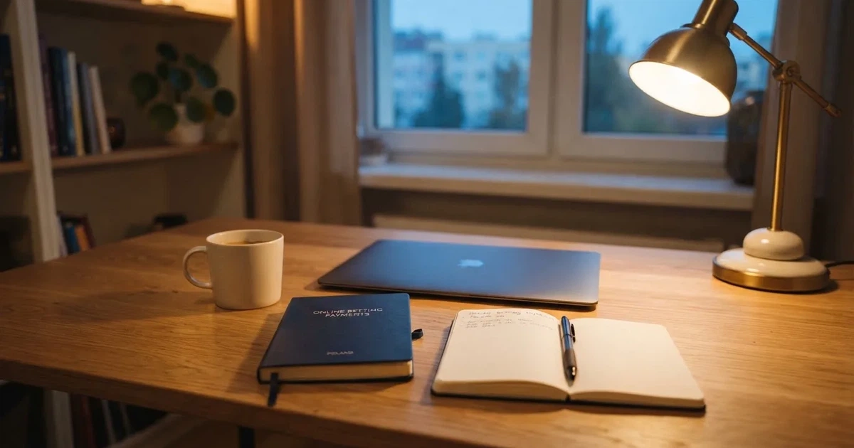 Zamknięty laptop i mały notes leżą na uporządkowanym domowym biurku obok lampki biurkowej.