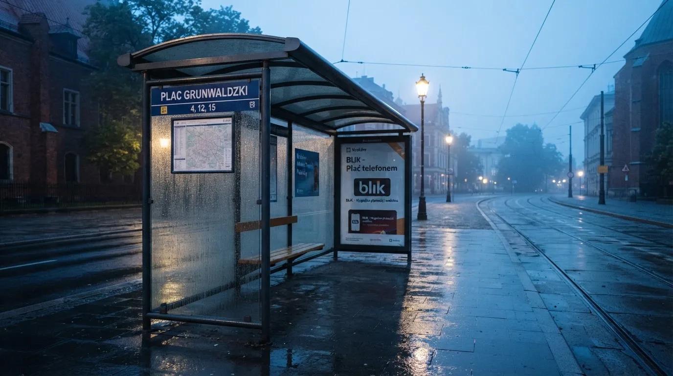 Pusta wiata przystanku tramwajowego na miejskiej ulicy o świcie, pusta ławka i mokry chodnik.