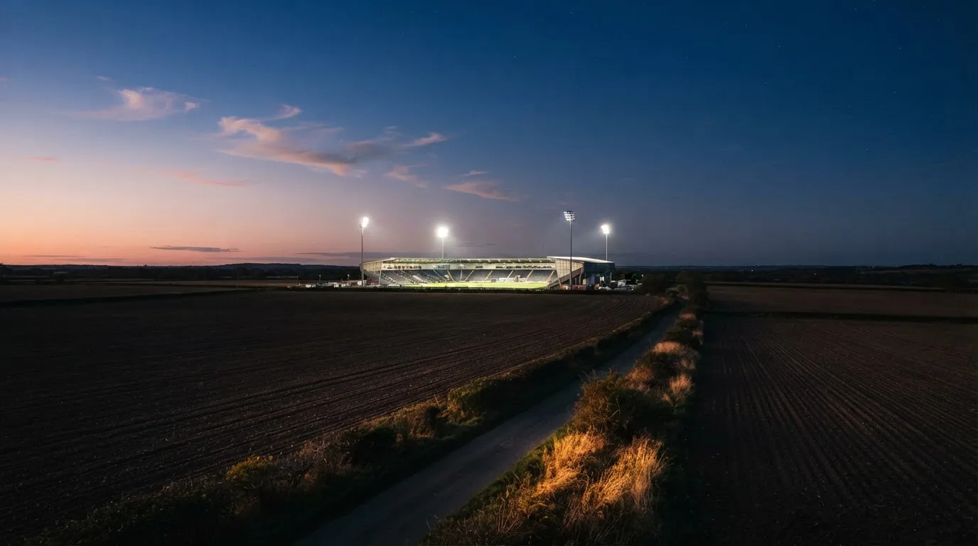 Stadion rozświetlony reflektorami widziany z daleka znad ciemnych pól w pogodny wieczór.