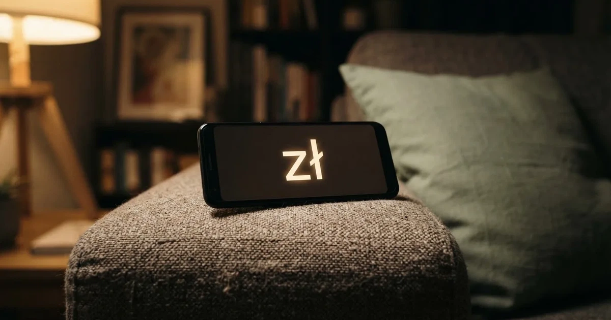 Smartfon z ciemnym wyświetlaczem leży na poręczy sofy obok poduszki w ciepłym świetle lampy.