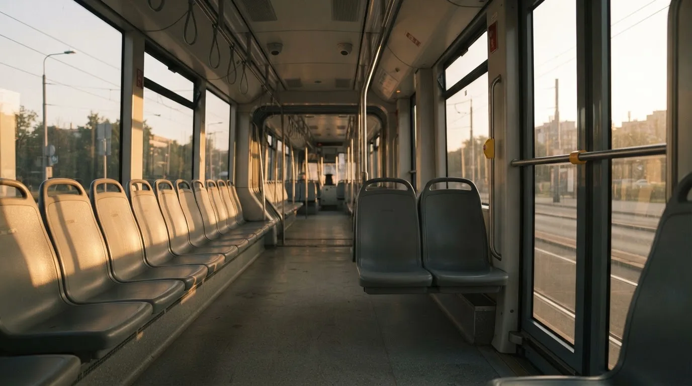 Wnętrze pustego tramwaju z rzędami siedzeń i poręczą w porannym świetle.