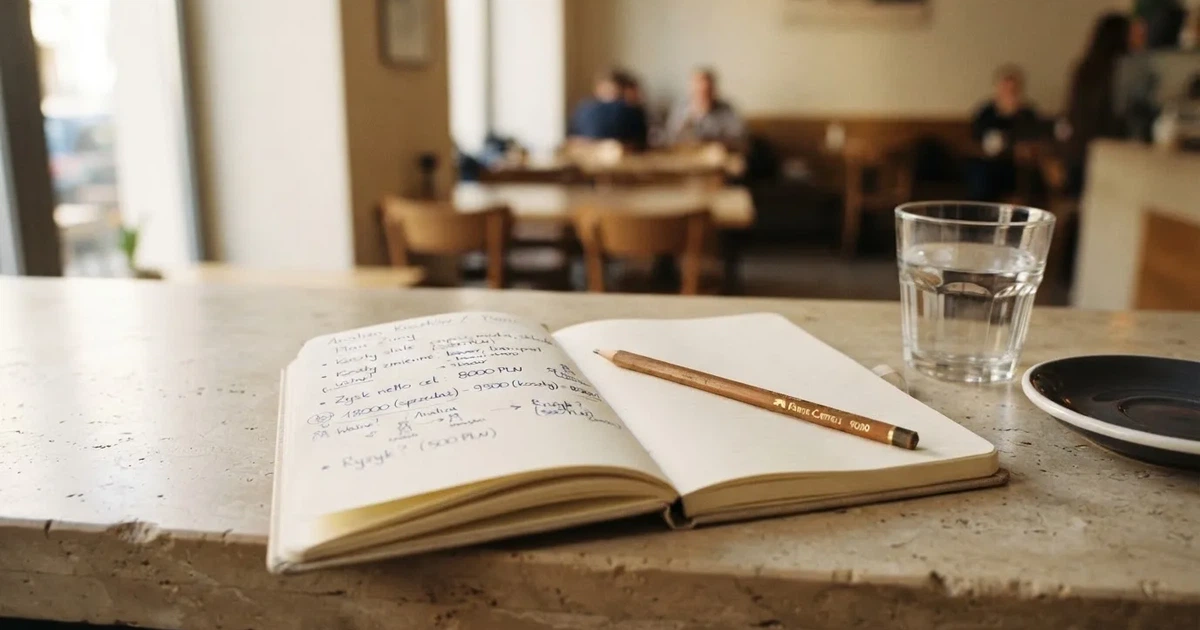 Otwarty notes z odręcznymi notatkami i ołówkiem leży na blacie w kawiarni obok szklanki wody.