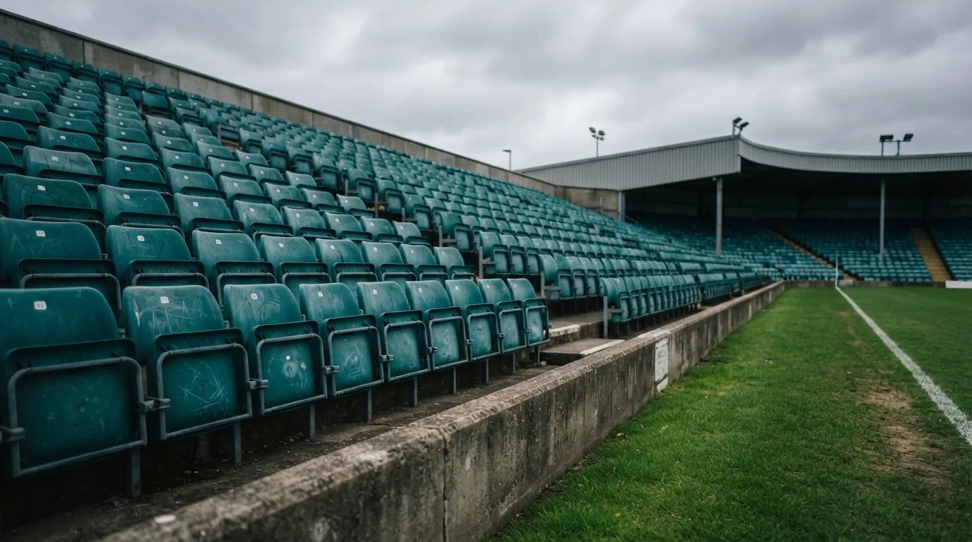 Rzędy pustych plastikowych krzesełek małego stadionu widziane z poziomu murawy pod pochmurnym niebem.