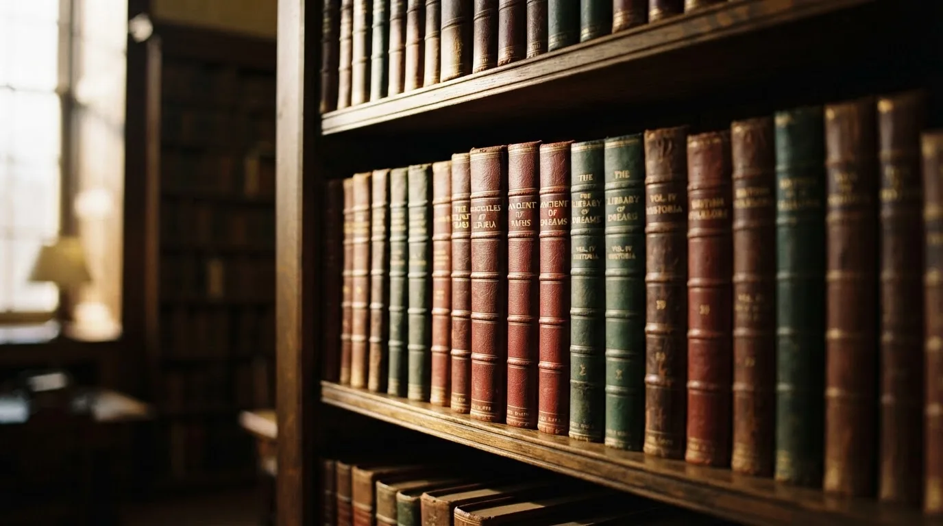 Regał z zamkniętymi książkami w skórzanych oprawach w cichej bibliotece, światło pada z boku.