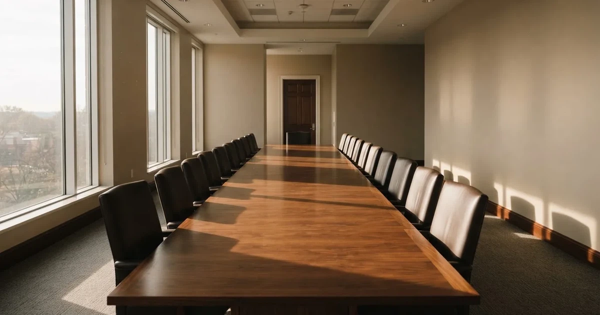 Pusta sala konferencyjna z długim stołem i skórzanymi krzesłami, światło wpada przez wysokie okna.