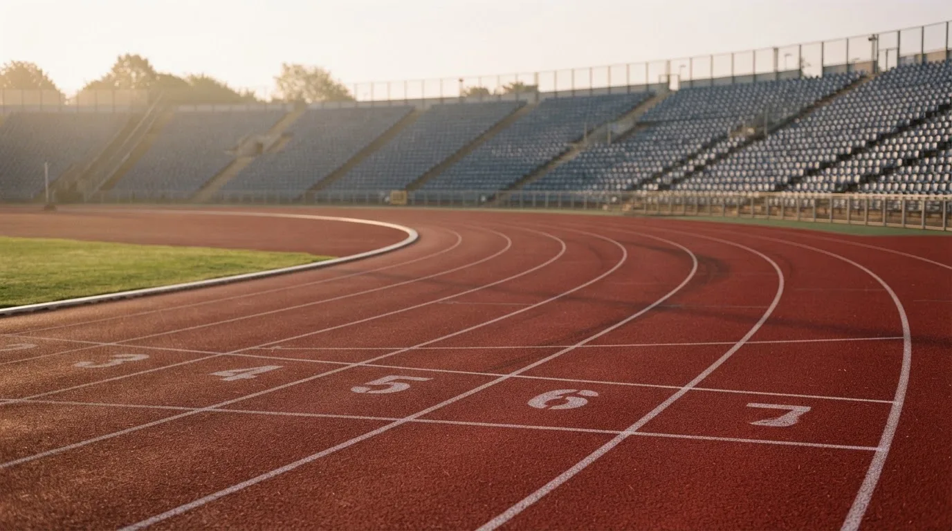 Bieżnia lekkoatletyczna wygięta w łuk pustego stadionu w porannym słońcu.