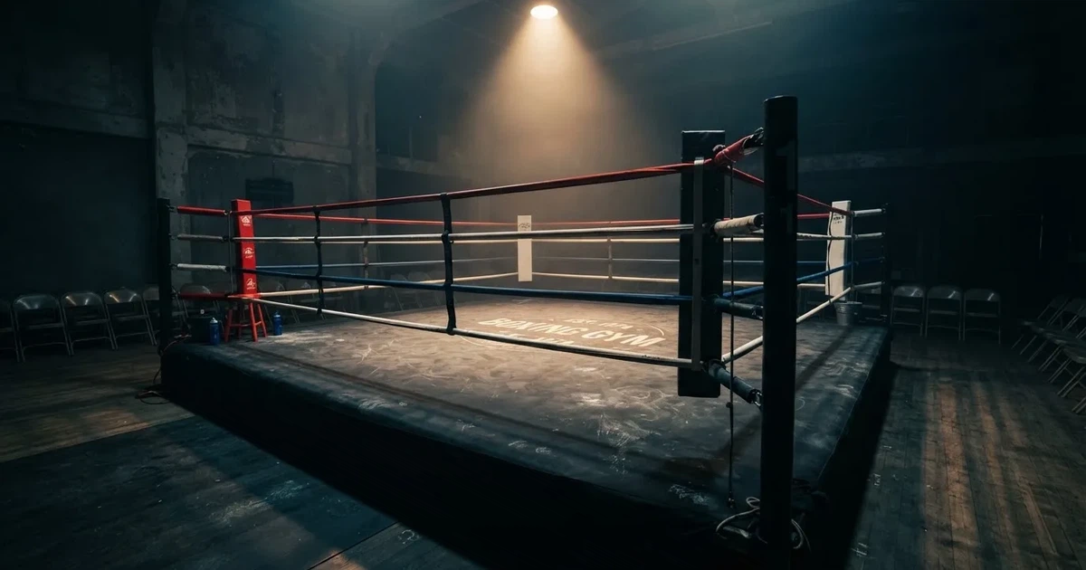 Ring bokserski w pustej hali oświetlony pojedynczym reflektorem, liny napięte, podłoże z ciemnego płótna.