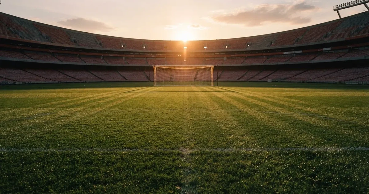 Murawa stadionu o zachodzie słońca z długimi cieniami słupków bramki, trybuny w ciepłym świetle.