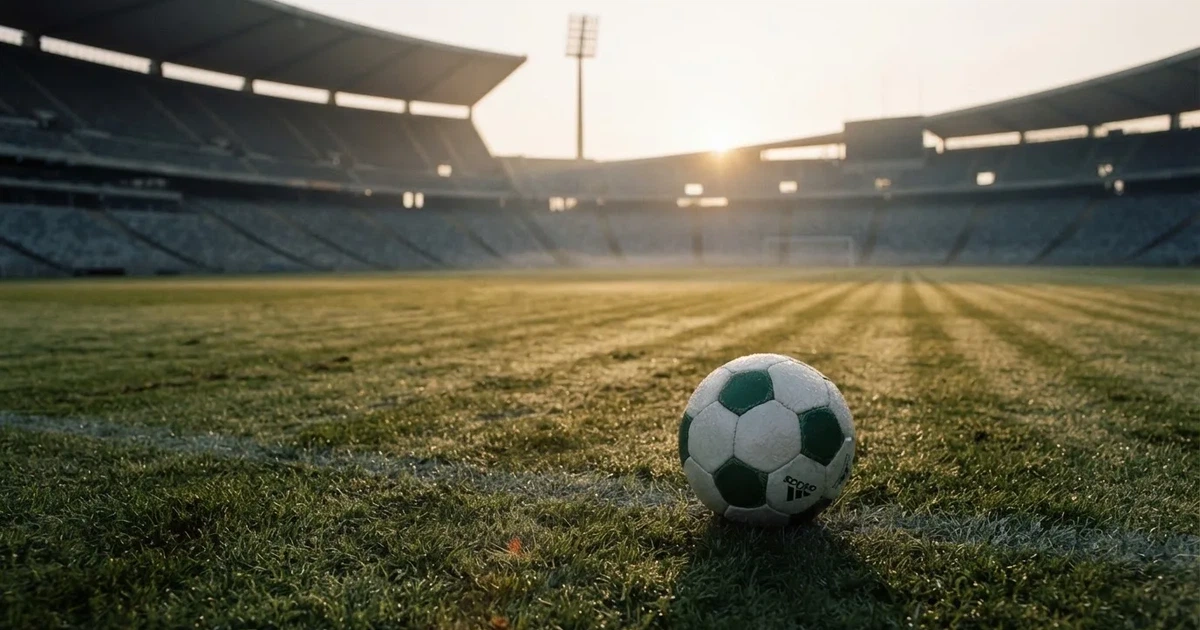 Samotna piłka na murawie ogromnego stadionu o świcie po zakończonej imprezie, trybuny puste.