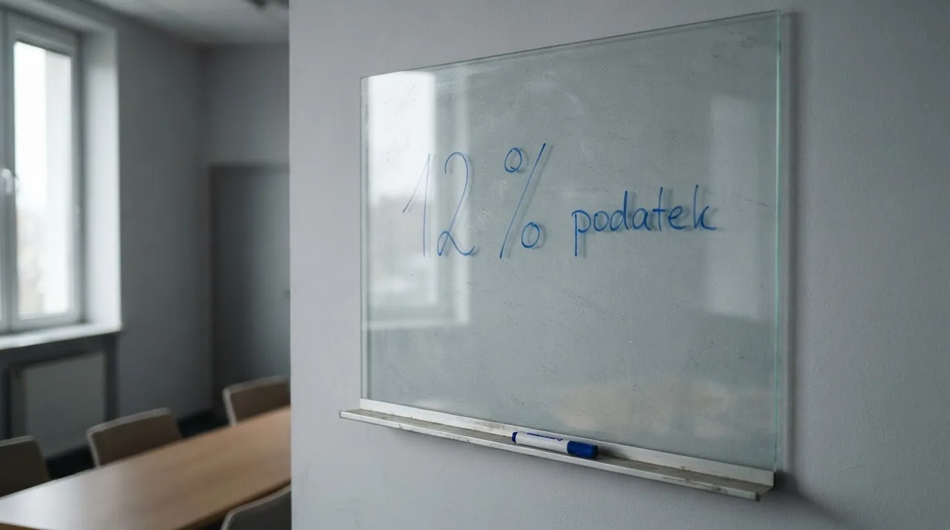 Szklana tablica suchościeralna w pustej sali konferencyjnej, lekko zakurzona, obok leży niebieski pisak.