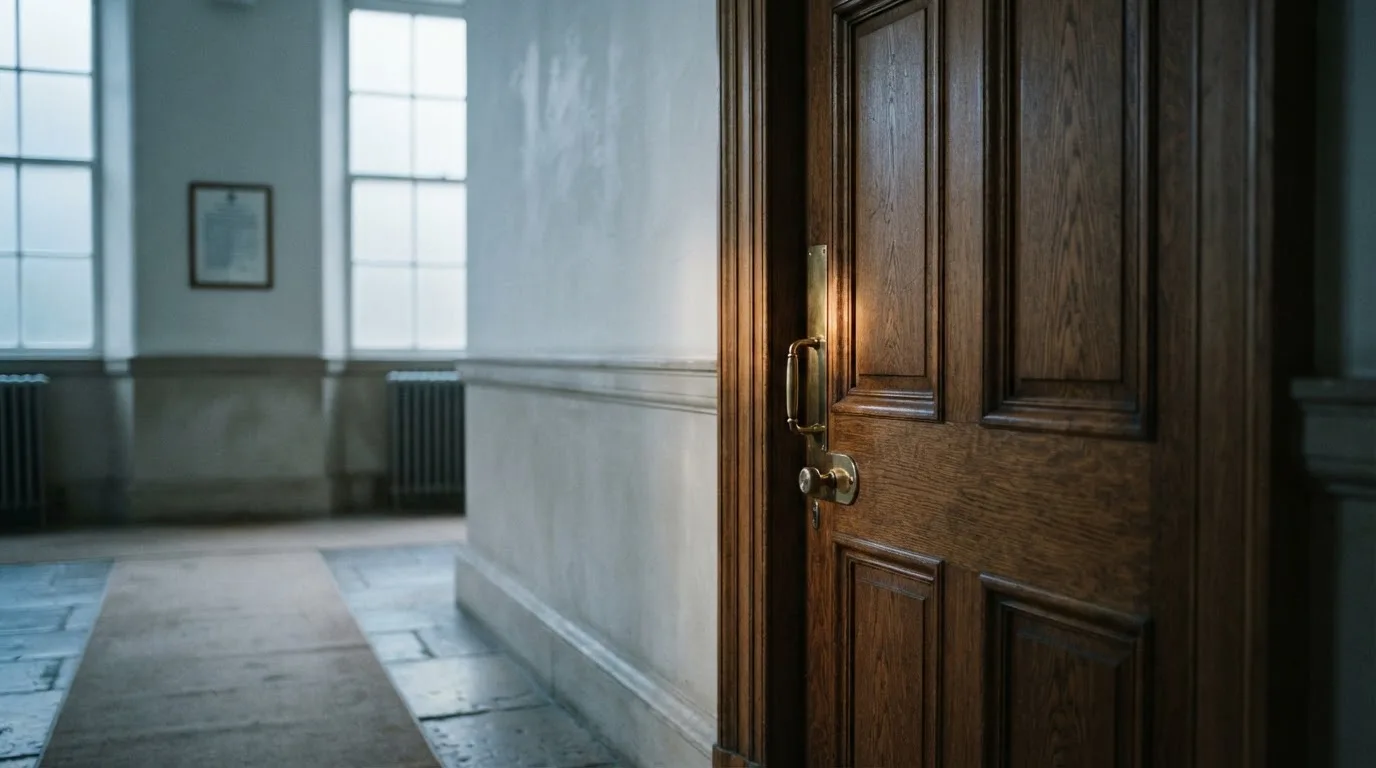 Ciężkie drewniane drzwi z mosiężną klamką w korytarzu urzędowym, ujęcie z boku w chłodnym świetle okna.