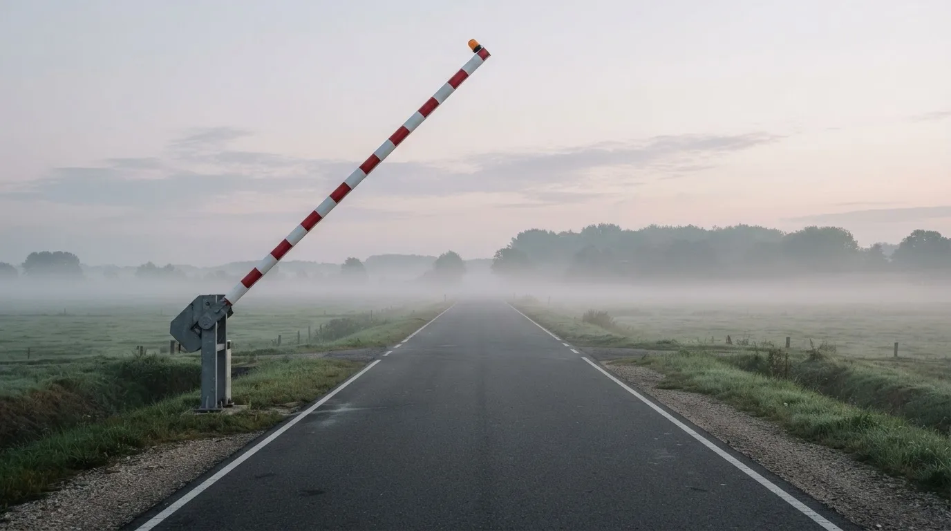 Biało-czerwony szlaban podniesiony nad pustą drogą w świetle świtu, w tle pola i mgła.