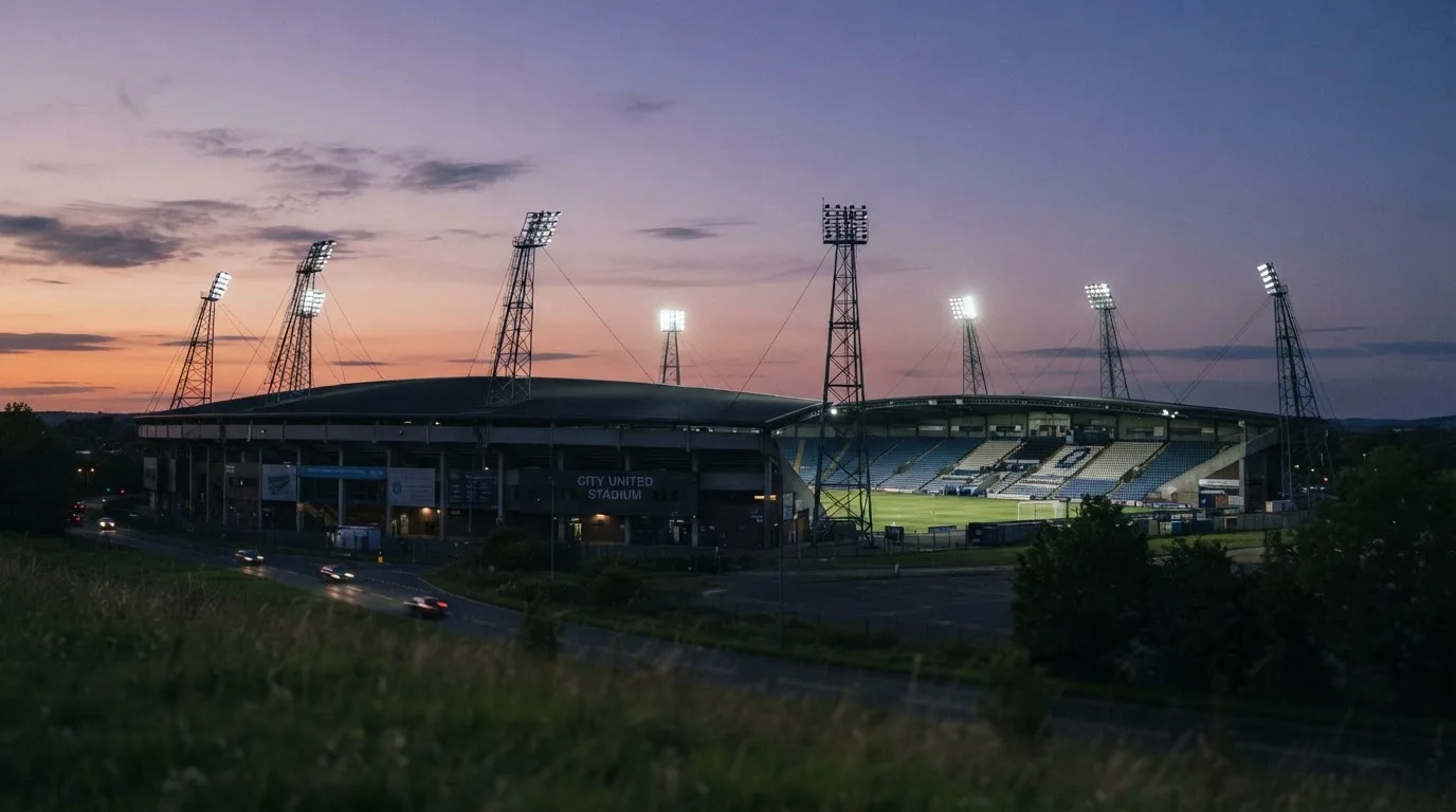 Pusty stadion z wysokimi masztami reflektorów widziany z oddali o zmierzchu, murawa lekko połyskuje.